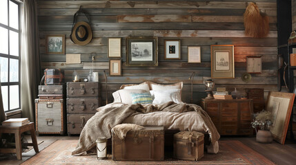 Rustic Country Bedroom with Exposed Beams and Vintage Decor
