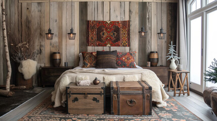 Cozy Rustic Cabin Bedroom with Plush Bedding and Nature-Inspired Decor
