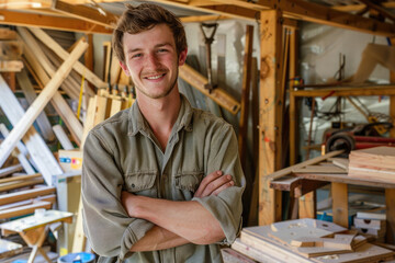 Fototapeta na wymiar portrait of smiling young woodworker standing in workshop with arms crossed
