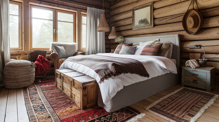 Charming Cottage Bedroom with Floral Bedding and Soft Natural Lighting
