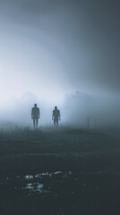 Mysterious silhouette figures in fog, perfect for thriller book covers, eerie movie posters, and psychological articles
