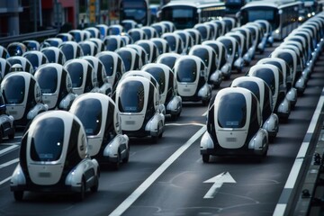 Fleet of autonomous electric vehicles in urban parking lot, showcasing modern transportation technology.