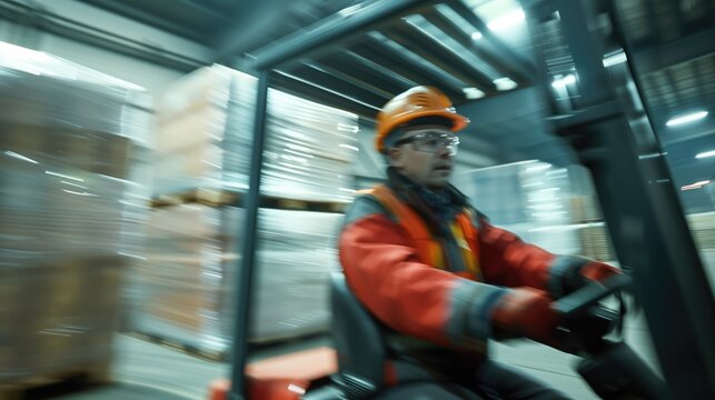 Warehouse worker forklift driver at work in ditribution delivery logistics center middle aged man in motion with cardboard boxes around him
