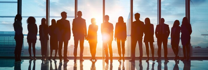 Silhouetted business team standing in a row against a bright window in an office building, conveying teamwork and professionalism.