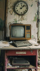 Vintage computer setup in an abandoned room suggesting themes of technology obsolescence, perfect for articles on digital history or as a metaphor for outdated systems
