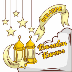 Ramadan mubarak banner  flyer. Greeting card for traditional muslim holiday happy celebration. Islamic greeting poster. Vector illustration.