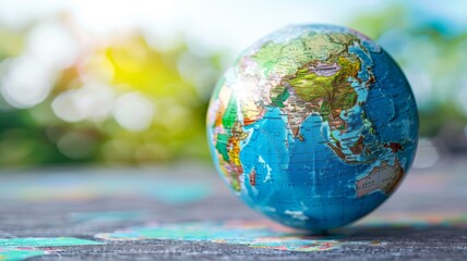 Small globe on a colorful background with a blurred natural setting, symbolizing global diversity and travel.