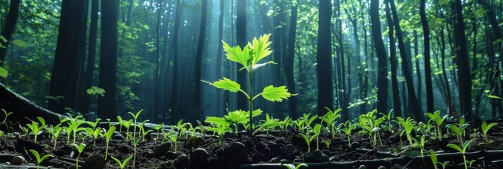 Sunlight filtering through a dense forest, highlighting young saplings and fresh leaves on the forest floor.