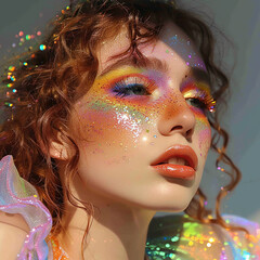 Portrait of a beautiful girl with bright rainbow make-up and sparkles on her face