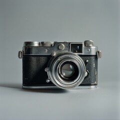 Vintage film camera on a gray background. - obrazy, fototapety, plakaty