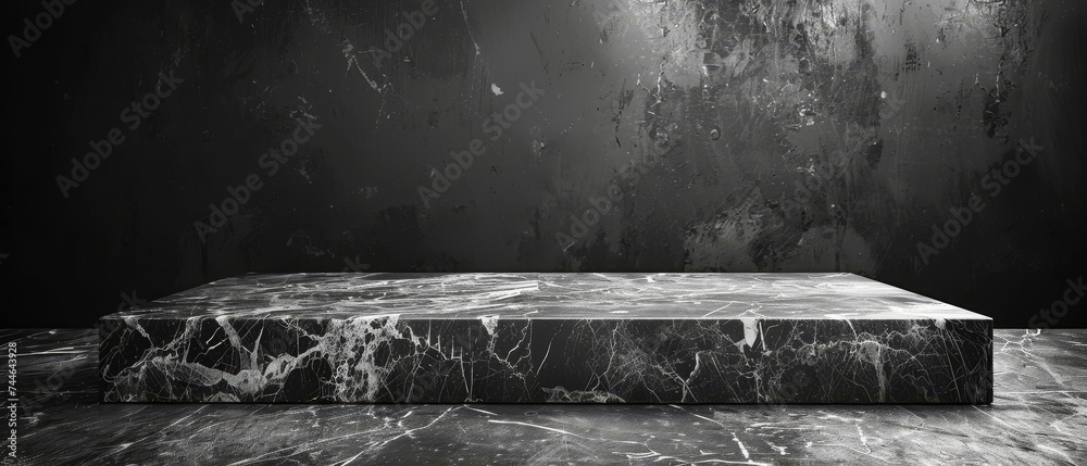 Poster With an empty grey marble tabletop over a dark black cement stone backdrop to display products evoking a rustic mood and tone. Luxury background for product displays with an empty copy space for