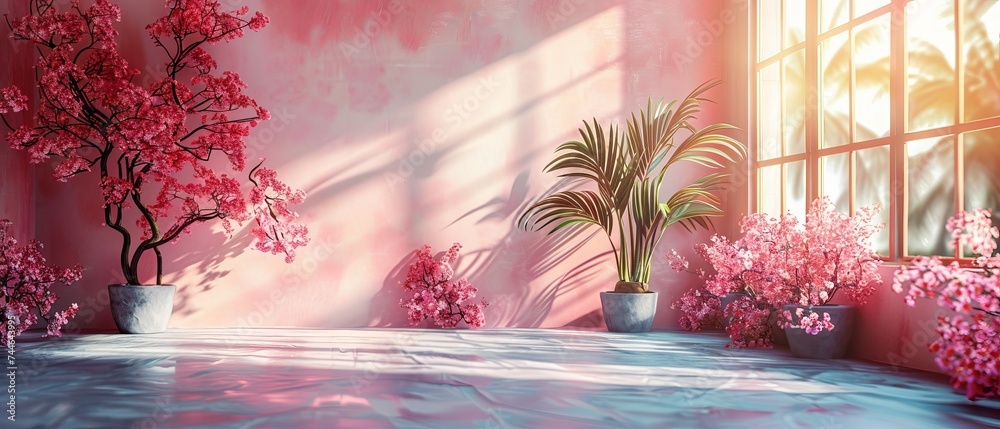 Aufkleber An abstract gradient pink background for product presentations. Empty room with a shadowy window and flowers and palm leaves. Summer concert in a 3D room with copy space. Blurred background.