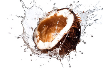 Fototapeta premium Dynamic splash around a halved coconut, capturing the essence of freshness
