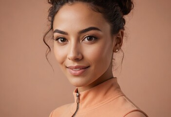 A young woman with natural makeup and a soft smile looking slightly away. She's wearing a peach-colored top, conveying casual elegance.