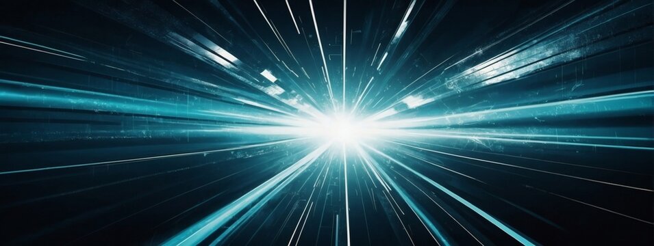 Vector Abstract, science, futuristic, energy technology concept. Digital image of light rays, stripes lines with cyan light, speed and motion blur over dark cyan background.