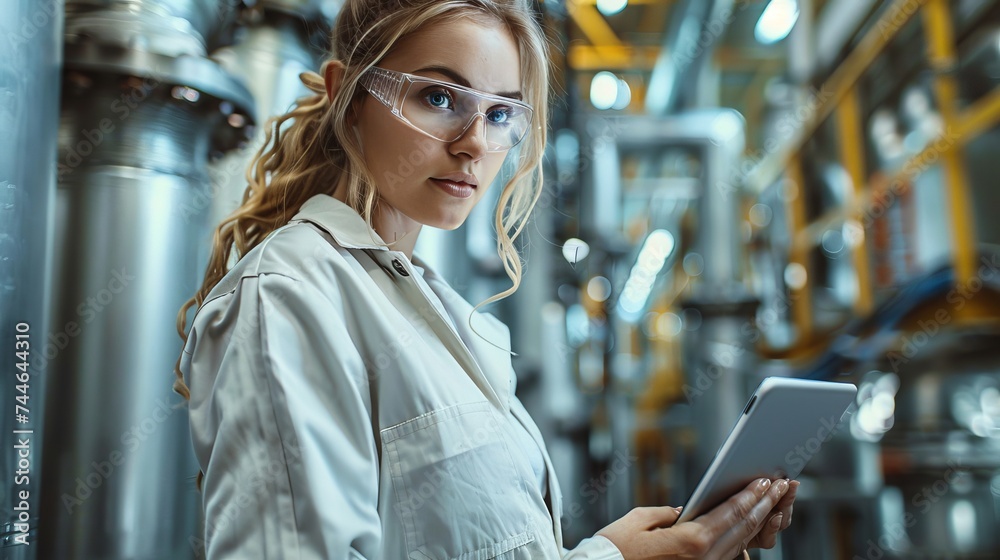 Poster Technology Research Facility: Female Project Manager and Chief Engineer consult tablet computers and work on engine design using computers. Team of Industrial Engineers, Developers work on engine