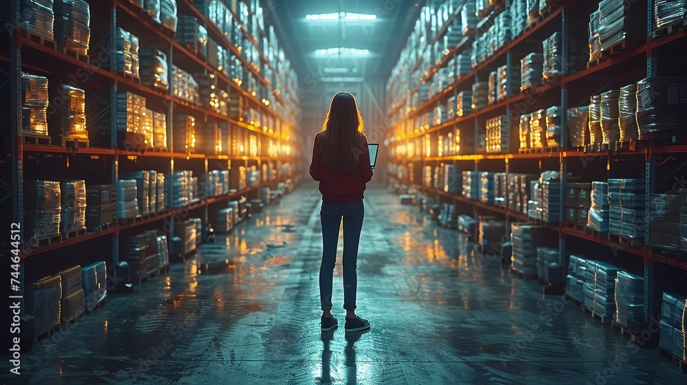 Leinwandbilder using a laptop, a female chief technology officer stands in a warehouse and activates servers, enabl