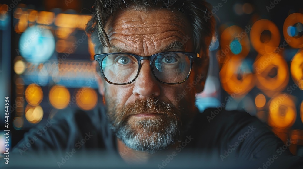 Aufkleber Using a laptop, a computer scientist analyzes and develops various information on a futuristic virtual interface screen. Algorithms, deep learning of artificial intelligence, and marketing.