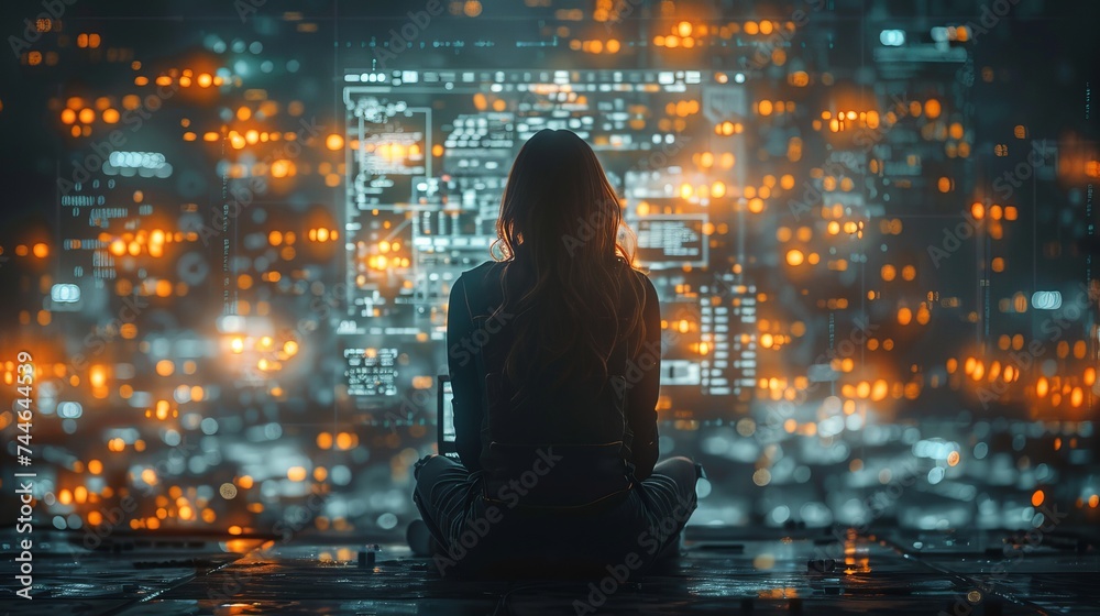 Aufkleber Scientist analyzing and developing data on futuristic virtual interface screen using a laptop. Marketing and deep learning algorithms.