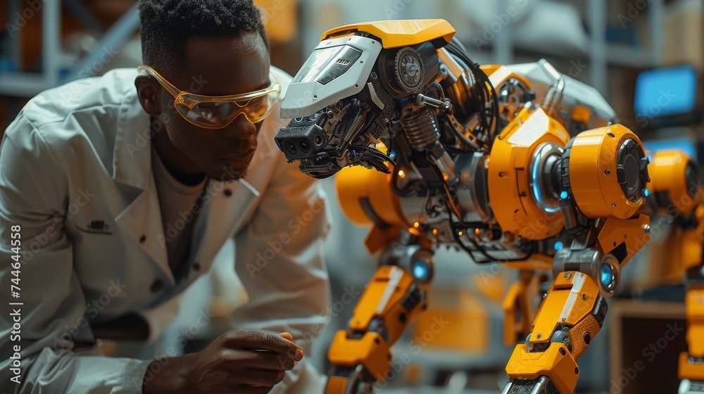 Aufkleber Multiethnic robotics engineer discussing robot dog concept with project manager at high tech research and development facility. Professional industrial scientists are working behind him.