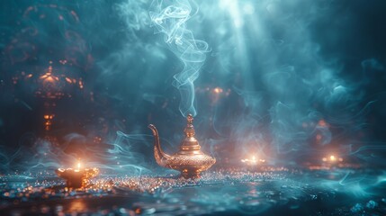 An elegant golden magic lamp with smoke on a blue background, representing fairy tales and wish fulfillment - obrazy, fototapety, plakaty