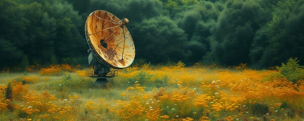 View of with large satellite dish in the field at grassland