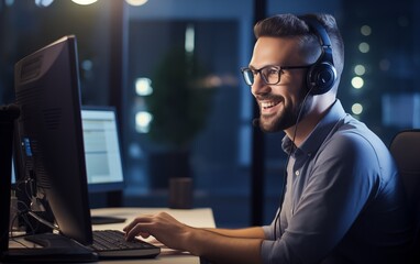 Operatore Call Center sorridente che lavora