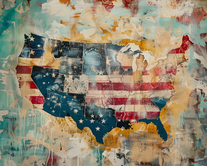 Map of USA: Stars, Stripes and grungy, vintage texture