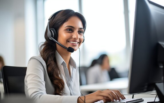 Operatrice Call Center indiana sorridente che lavora