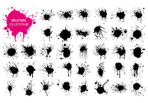 Vector black ink drops and paint splashes. Hand drawn design elements isolated on white background