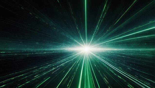 Vector Abstract, science, futuristic, energy technology concept. Digital image of light rays, stripes lines with green light, speed and motion blur over dark green background.