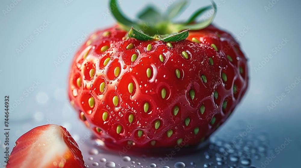 Poster isolated strawberry with half slices on white background.
