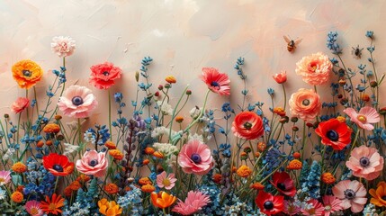 An isolated meadow and garden with colorful flowers and insects - obrazy, fototapety, plakaty
