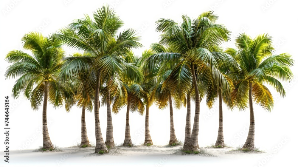 Poster a coconut palm tree is isolated on a white background. there are several palm trees in this collecti