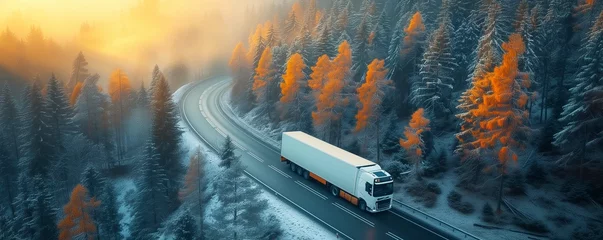 Fotobehang white truck isometric view of an mountain road © apirom