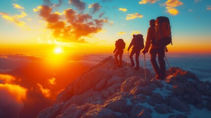 Group of people climbing, hiking up a high mountain, Reach the top of the mountain