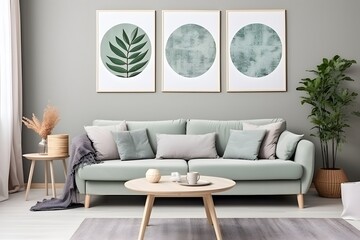 Modern scandinavian living room interior with mock up poster frames, green sofa and coffee table. 3d rendering, 3d illustration