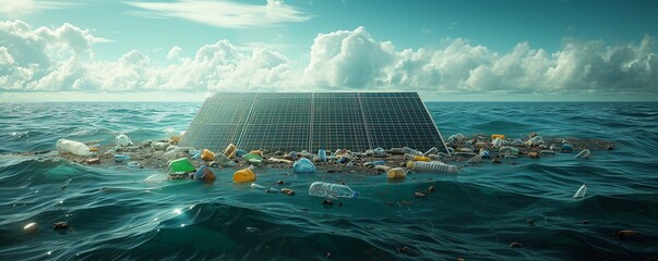 Old Solar cell and garbage floating in the middle of the sea - obrazy, fototapety, plakaty
