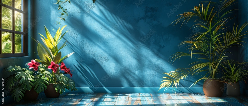 Poster Studio background with blue color gradient for product presentation. Empty room with shadows of windows, flowers, palm leaves. 3D room with copy space. Summer concert. Blurred backdrop.