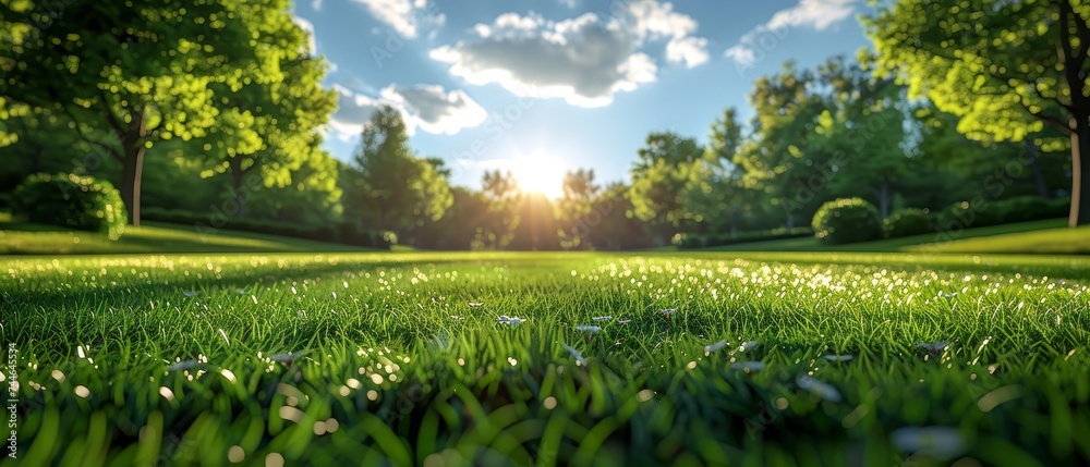 Poster stunning blurred nature background with trees and a neatly mowed lawn on a bright sunny day against 