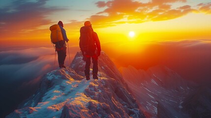 Group of people climbing, hiking up a high mountain, Reach the top of the mountain - obrazy, fototapety, plakaty