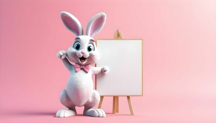 Easter bunny holding a blank sign, easter announcement mockup concept hd, copyspace 3d style created with generative ai	 - obrazy, fototapety, plakaty