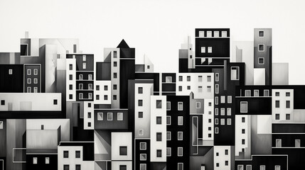 Contemporary abstract geometric art of buildings. Black and white graphic. Town. 