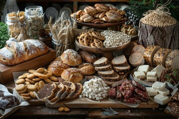 From above, one can see a tidy arrangement of various bread types and baked goods on a light blue background.