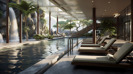 A gym for a health and wellness resort, with spa services, hot springs, and relaxation areas.