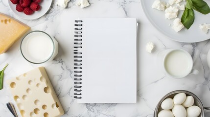 A notebook on a marble countertop surrounded by dairy products like yogurt and cheese, with a glass...