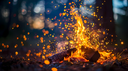 Fototapeta na wymiar Twilight Campfire Sparkling in the Forest