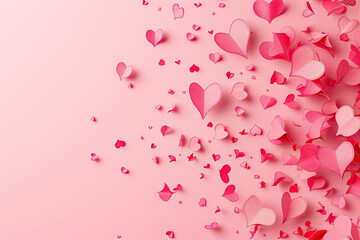 Illustration of Falling Stitched Paper Hearts Confetti on a Pink Background for a Surprising Valentine's Day