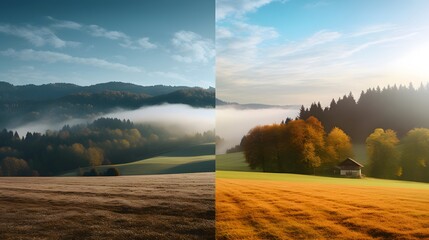 Panorama of beautiful autumn landscape with foggy meadow and forest