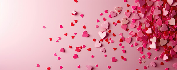 Illustration of Falling Stitched Paper Hearts Confetti on a Pink Background for a Surprising Valentine's Day